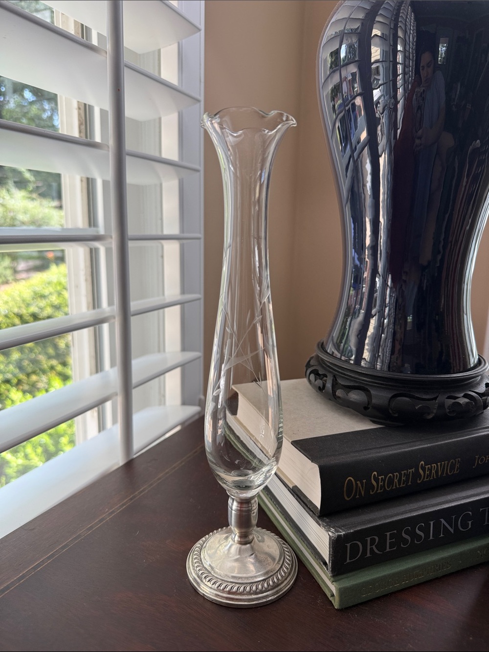 11.5” Vintage Clear Etched Glass Bud Vase with Silver Plated Base